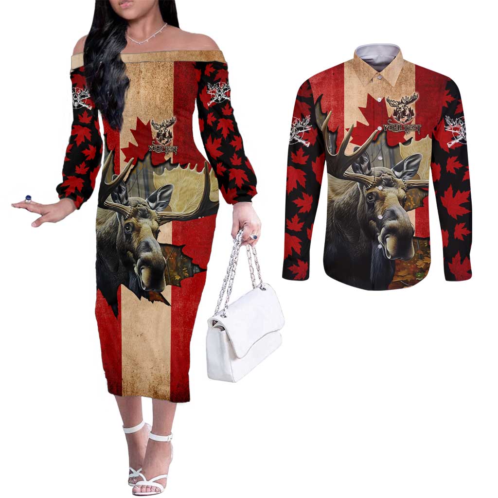 Personalized Canada Moose Couples Matching Off The Shoulder Long Sleeve Dress and Long Sleeve Button Shirt Canadian Flag Maple Leaf Vintage