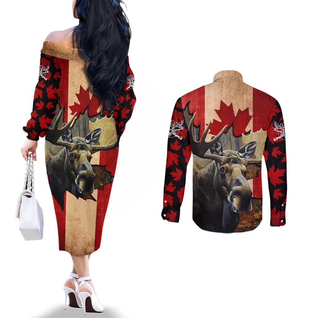 Personalized Canada Moose Couples Matching Off The Shoulder Long Sleeve Dress and Long Sleeve Button Shirt Canadian Flag Maple Leaf Vintage