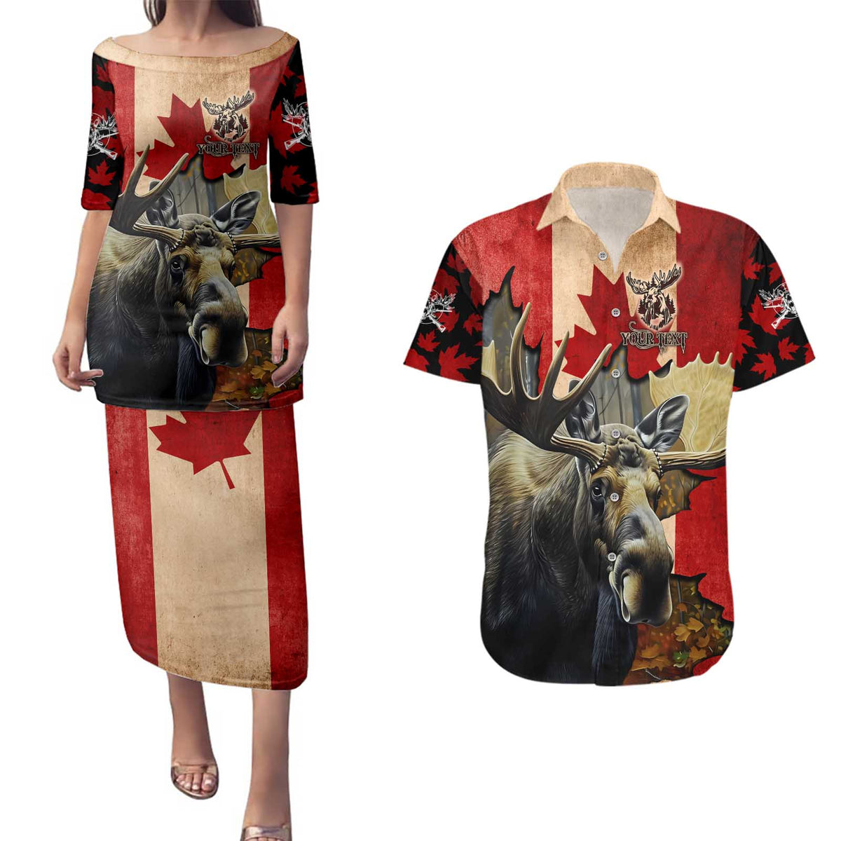 Personalized Canada Moose Couples Matching Puletasi and Hawaiian Shirt Canadian Flag Maple Leaf Vintage