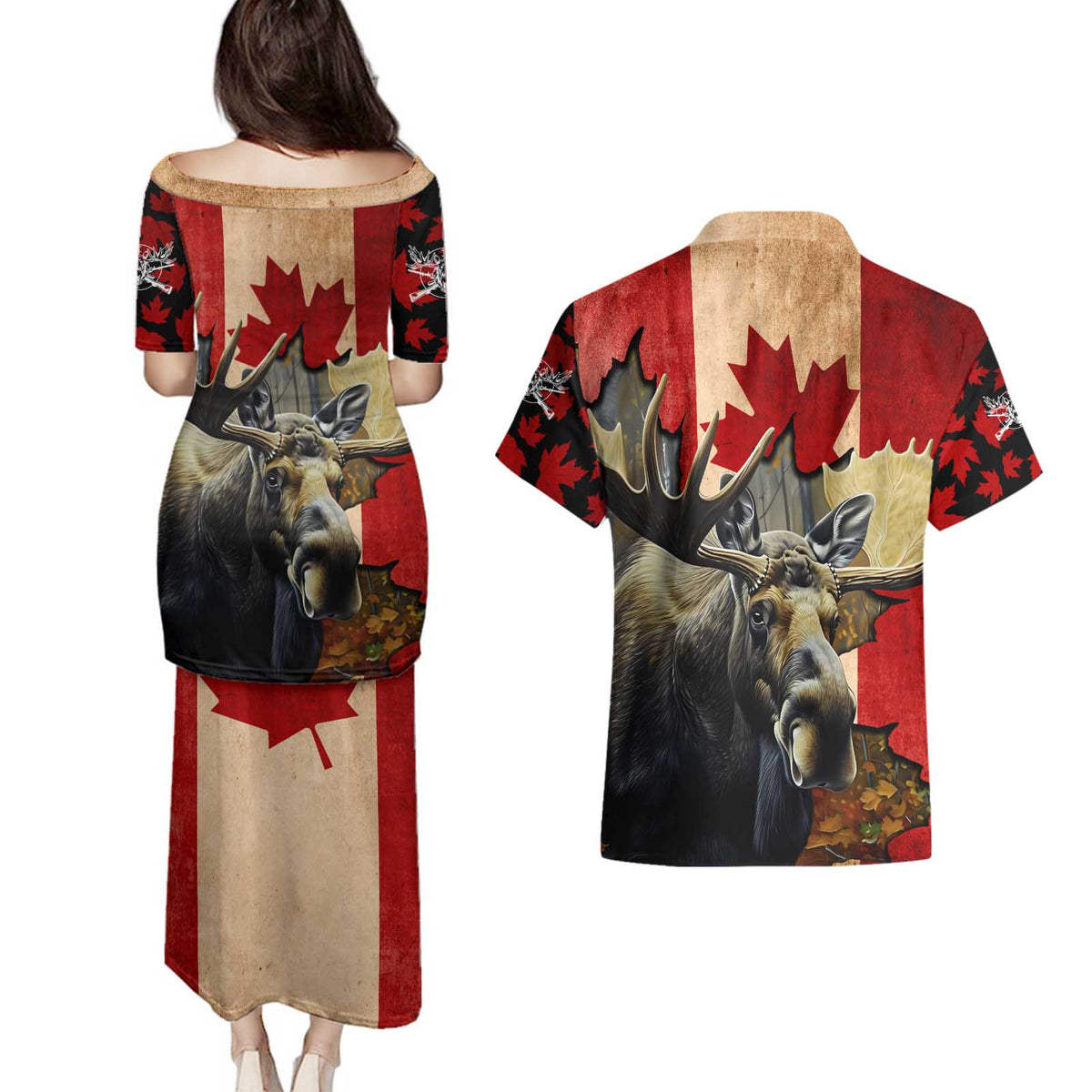 Personalized Canada Moose Couples Matching Puletasi and Hawaiian Shirt Canadian Flag Maple Leaf Vintage