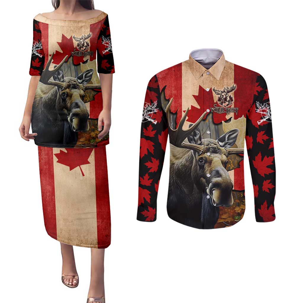 Personalized Canada Moose Couples Matching Puletasi and Long Sleeve Button Shirt Canadian Flag Maple Leaf Vintage