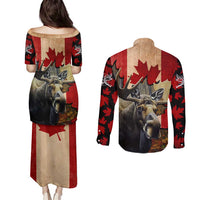 Personalized Canada Moose Couples Matching Puletasi and Long Sleeve Button Shirt Canadian Flag Maple Leaf Vintage