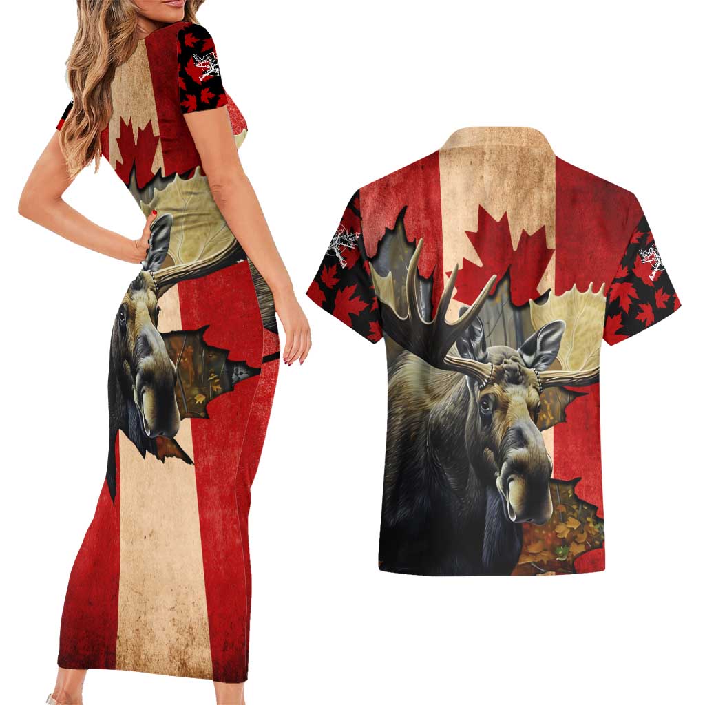 Personalized Canada Moose Couples Matching Short Sleeve Bodycon Dress and Hawaiian Shirt Canadian Flag Maple Leaf Vintage