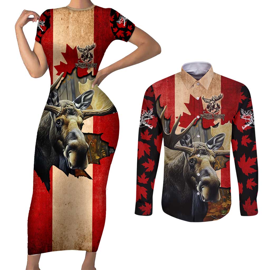 Personalized Canada Moose Couples Matching Short Sleeve Bodycon Dress and Long Sleeve Button Shirt Canadian Flag Maple Leaf Vintage