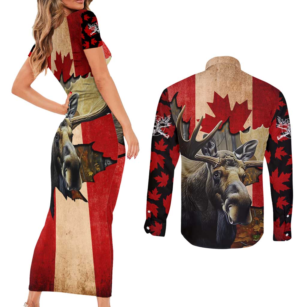 Personalized Canada Moose Couples Matching Short Sleeve Bodycon Dress and Long Sleeve Button Shirt Canadian Flag Maple Leaf Vintage