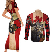 Personalized Canada Moose Couples Matching Short Sleeve Bodycon Dress and Long Sleeve Button Shirt Canadian Flag Maple Leaf Vintage