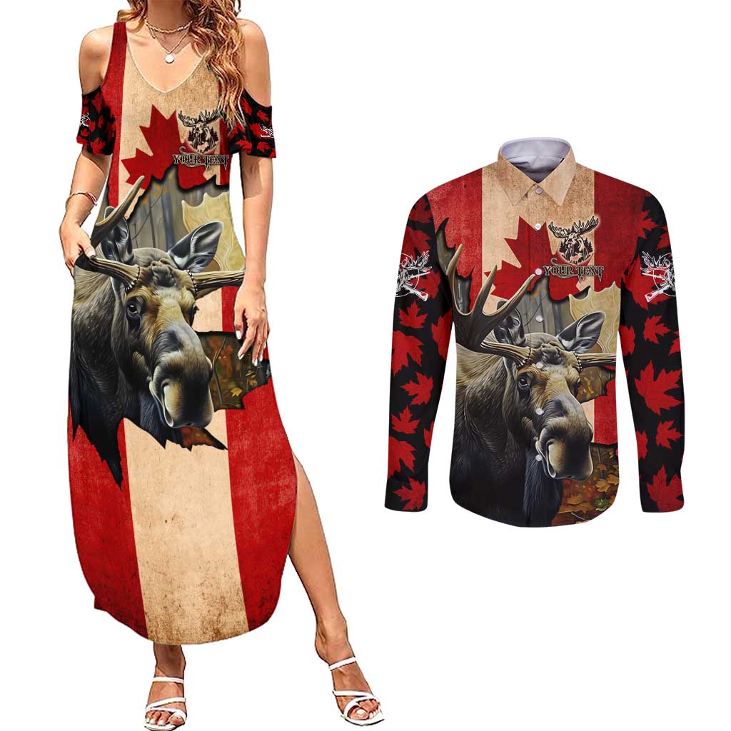 Personalized Canada Moose Couples Matching Summer Maxi Dress and Long Sleeve Button Shirt Canadian Flag Maple Leaf Vintage