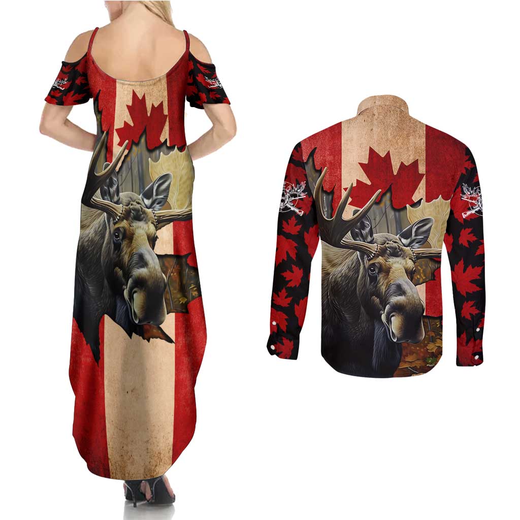 Personalized Canada Moose Couples Matching Summer Maxi Dress and Long Sleeve Button Shirt Canadian Flag Maple Leaf Vintage