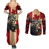 Personalized Canada Moose Couples Matching Summer Maxi Dress and Long Sleeve Button Shirt Canadian Flag Maple Leaf Vintage