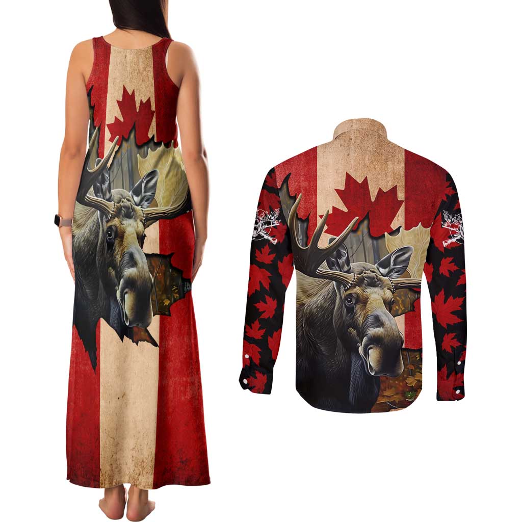 Personalized Canada Moose Couples Matching Tank Maxi Dress and Long Sleeve Button Shirt Canadian Flag Maple Leaf Vintage