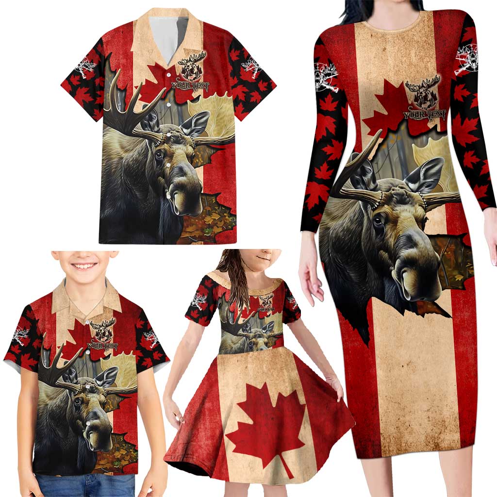 Personalized Canada Moose Family Matching Long Sleeve Bodycon Dress and Hawaiian Shirt Canadian Flag Maple Leaf Vintage