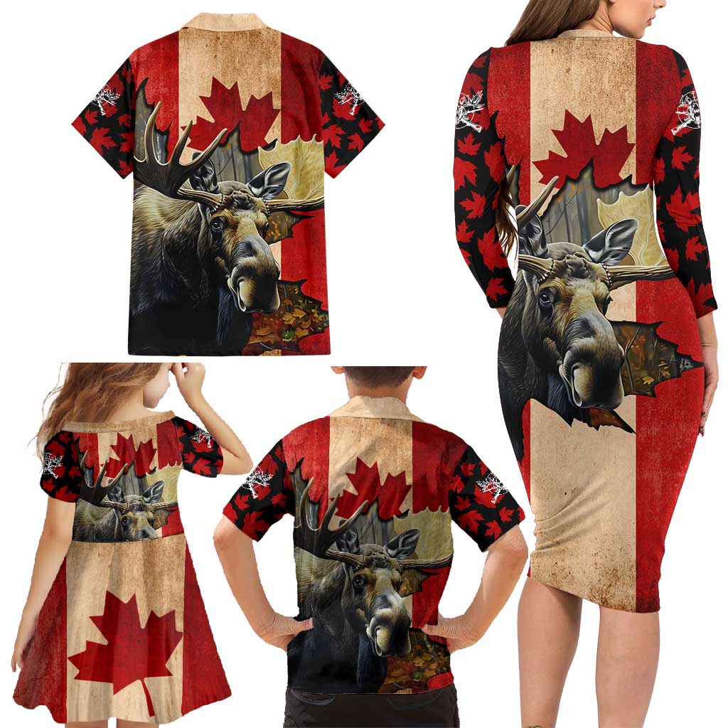 Personalized Canada Moose Family Matching Long Sleeve Bodycon Dress and Hawaiian Shirt Canadian Flag Maple Leaf Vintage
