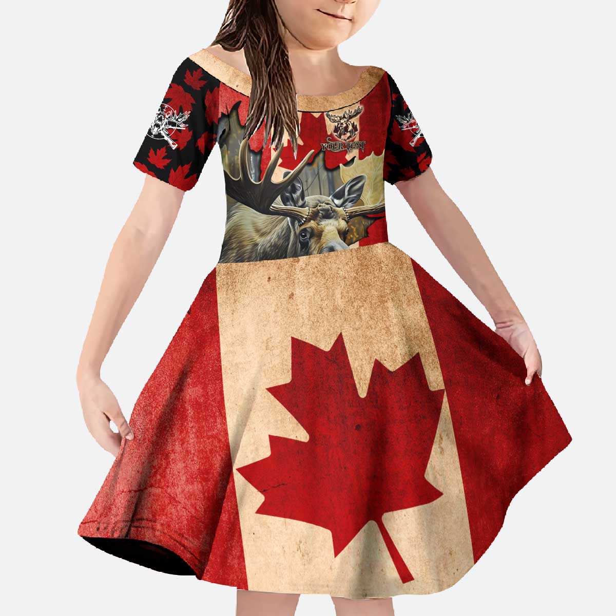 Personalized Canada Moose Family Matching Off The Shoulder Long Sleeve Dress and Hawaiian Shirt Canadian Flag Maple Leaf Vintage