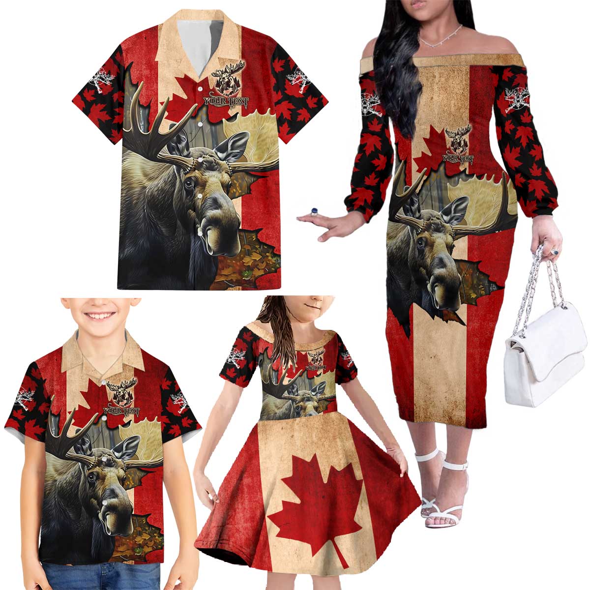 Personalized Canada Moose Family Matching Off The Shoulder Long Sleeve Dress and Hawaiian Shirt Canadian Flag Maple Leaf Vintage