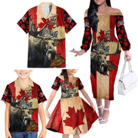 Personalized Canada Moose Family Matching Off The Shoulder Long Sleeve Dress and Hawaiian Shirt Canadian Flag Maple Leaf Vintage