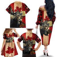 Personalized Canada Moose Family Matching Off The Shoulder Long Sleeve Dress and Hawaiian Shirt Canadian Flag Maple Leaf Vintage