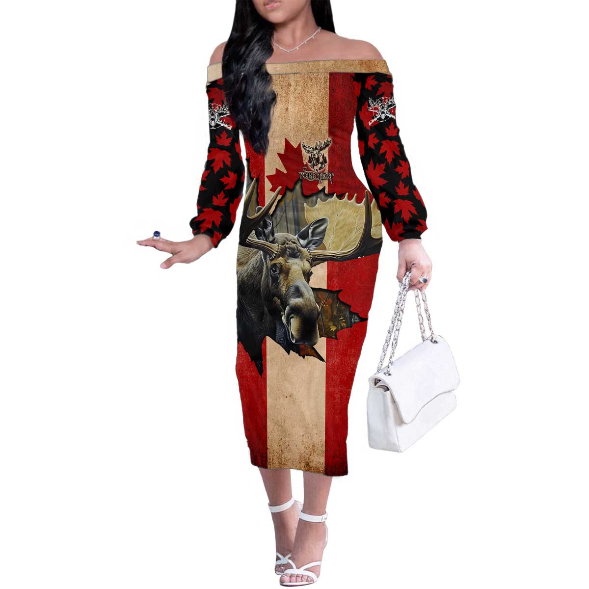 Personalized Canada Moose Family Matching Off The Shoulder Long Sleeve Dress and Hawaiian Shirt Canadian Flag Maple Leaf Vintage