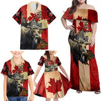Personalized Canada Moose Family Matching Off Shoulder Maxi Dress and Hawaiian Shirt Canadian Flag Maple Leaf Vintage