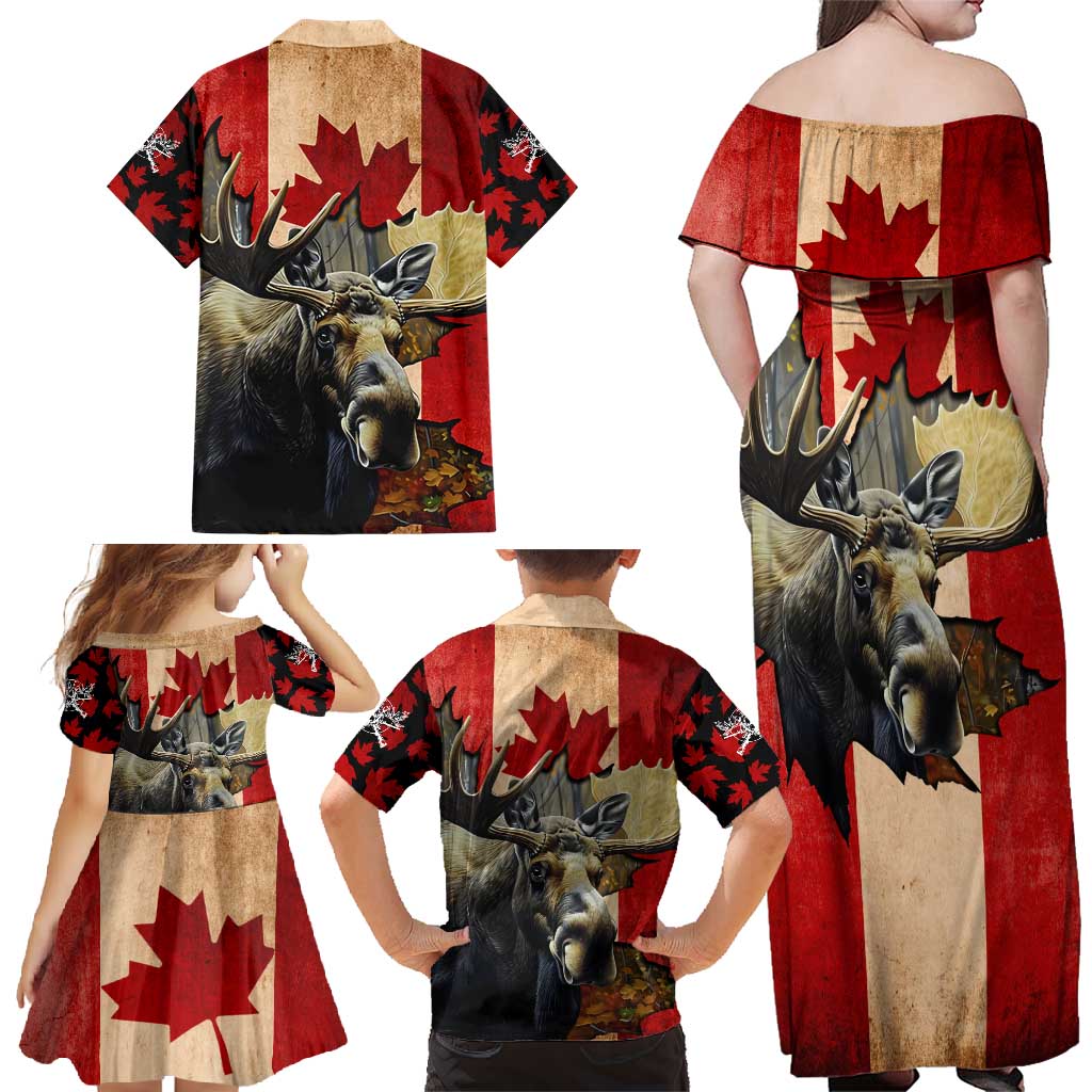 Personalized Canada Moose Family Matching Off Shoulder Maxi Dress and Hawaiian Shirt Canadian Flag Maple Leaf Vintage