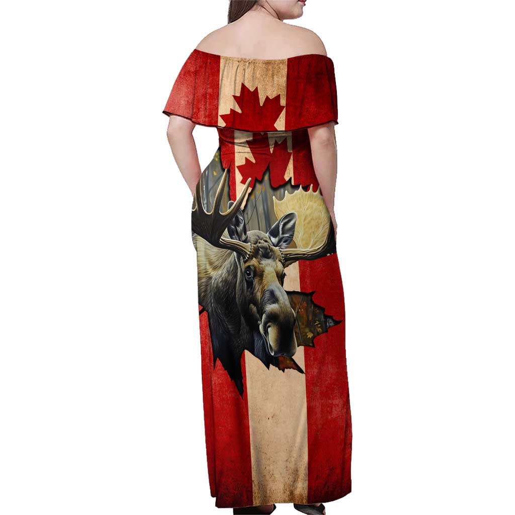 Personalized Canada Moose Family Matching Off Shoulder Maxi Dress and Hawaiian Shirt Canadian Flag Maple Leaf Vintage