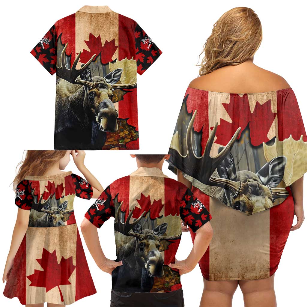 Personalized Canada Moose Family Matching Off Shoulder Short Dress and Hawaiian Shirt Canadian Flag Maple Leaf Vintage