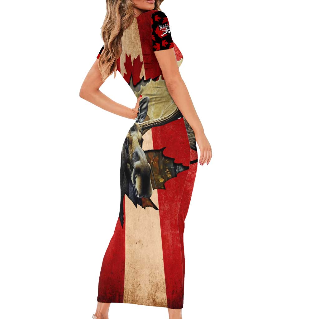 Personalized Canada Moose Family Matching Short Sleeve Bodycon Dress and Hawaiian Shirt Canadian Flag Maple Leaf Vintage
