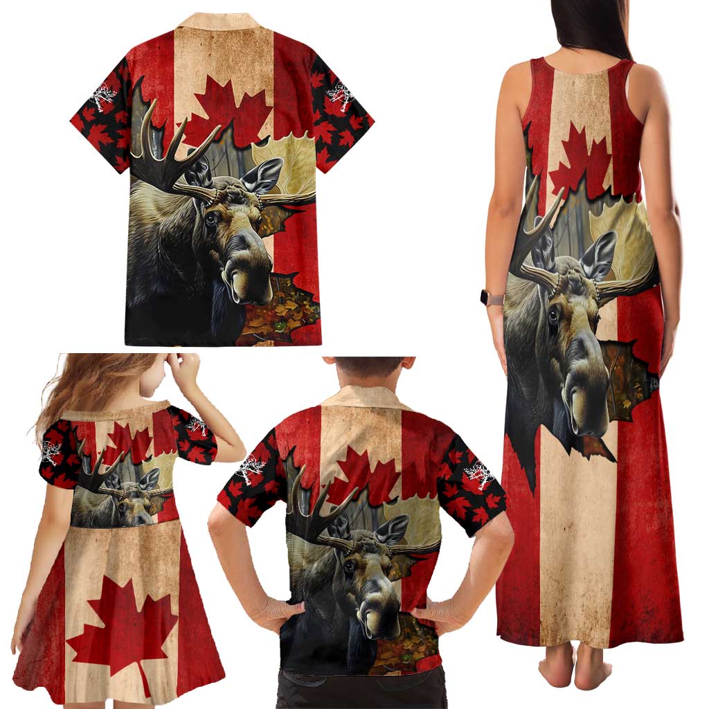 Personalized Canada Moose Family Matching Tank Maxi Dress and Hawaiian Shirt Canadian Flag Maple Leaf Vintage