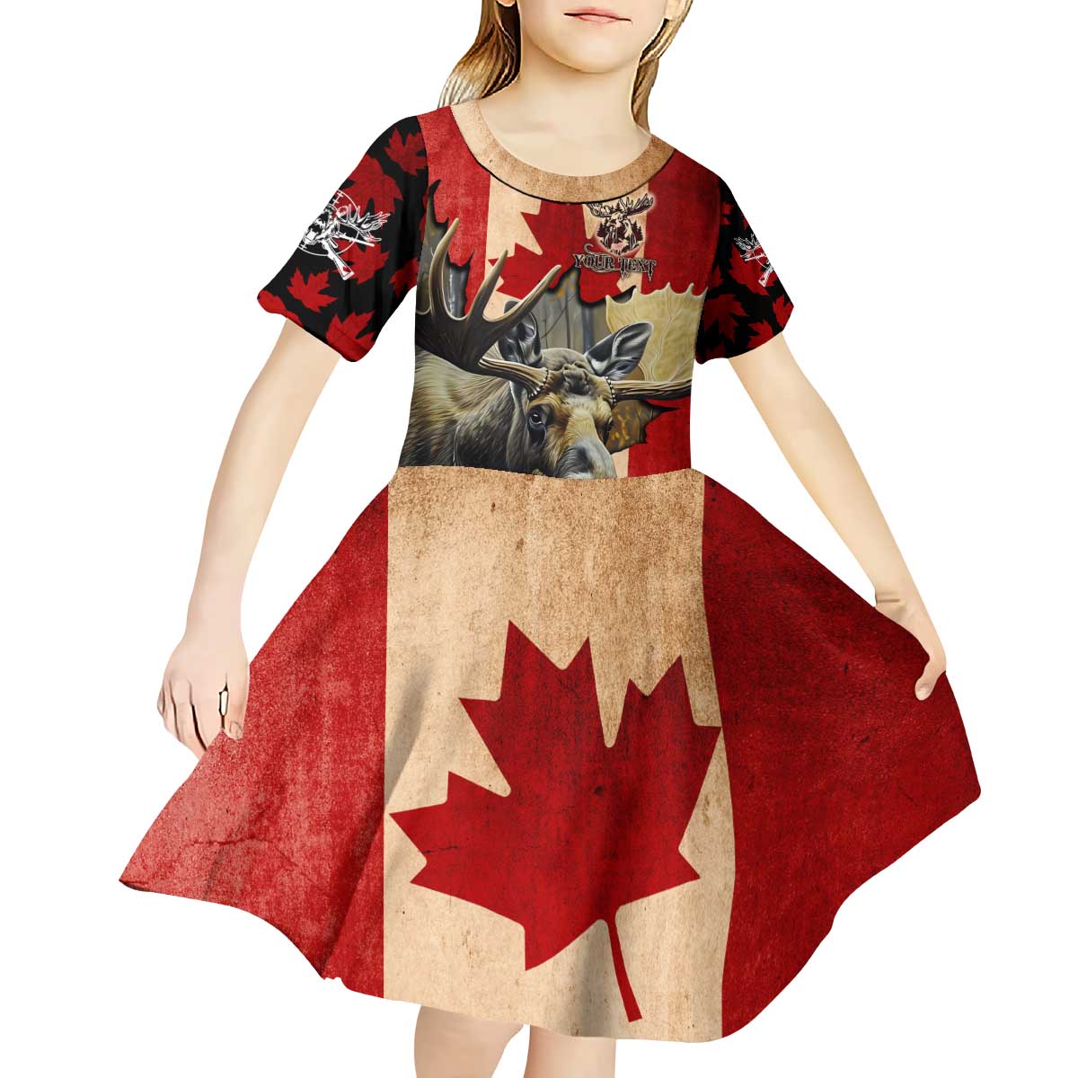Personalized Canada Moose Kid Short Sleeve Dress Canadian Flag Maple Leaf Vintage