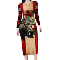 Personalized Canada Moose Long Sleeve Bodycon Dress Canadian Flag Maple Leaf Vintage