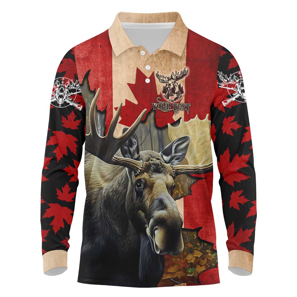 Personalized Canada Moose Long Sleeve Polo Shirt Canadian Flag Maple Leaf Vintage