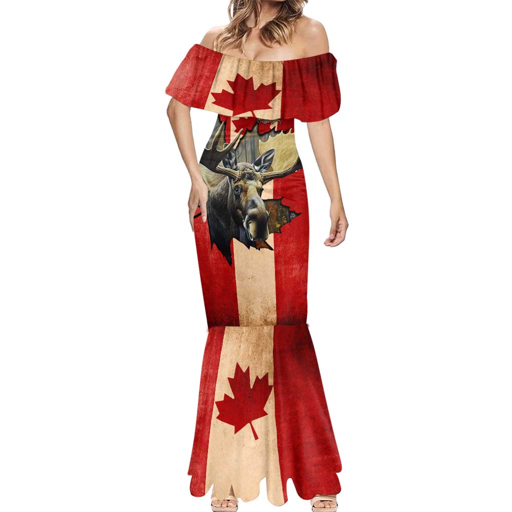 Personalized Canada Moose Mermaid Dress Canadian Flag Maple Leaf Vintage