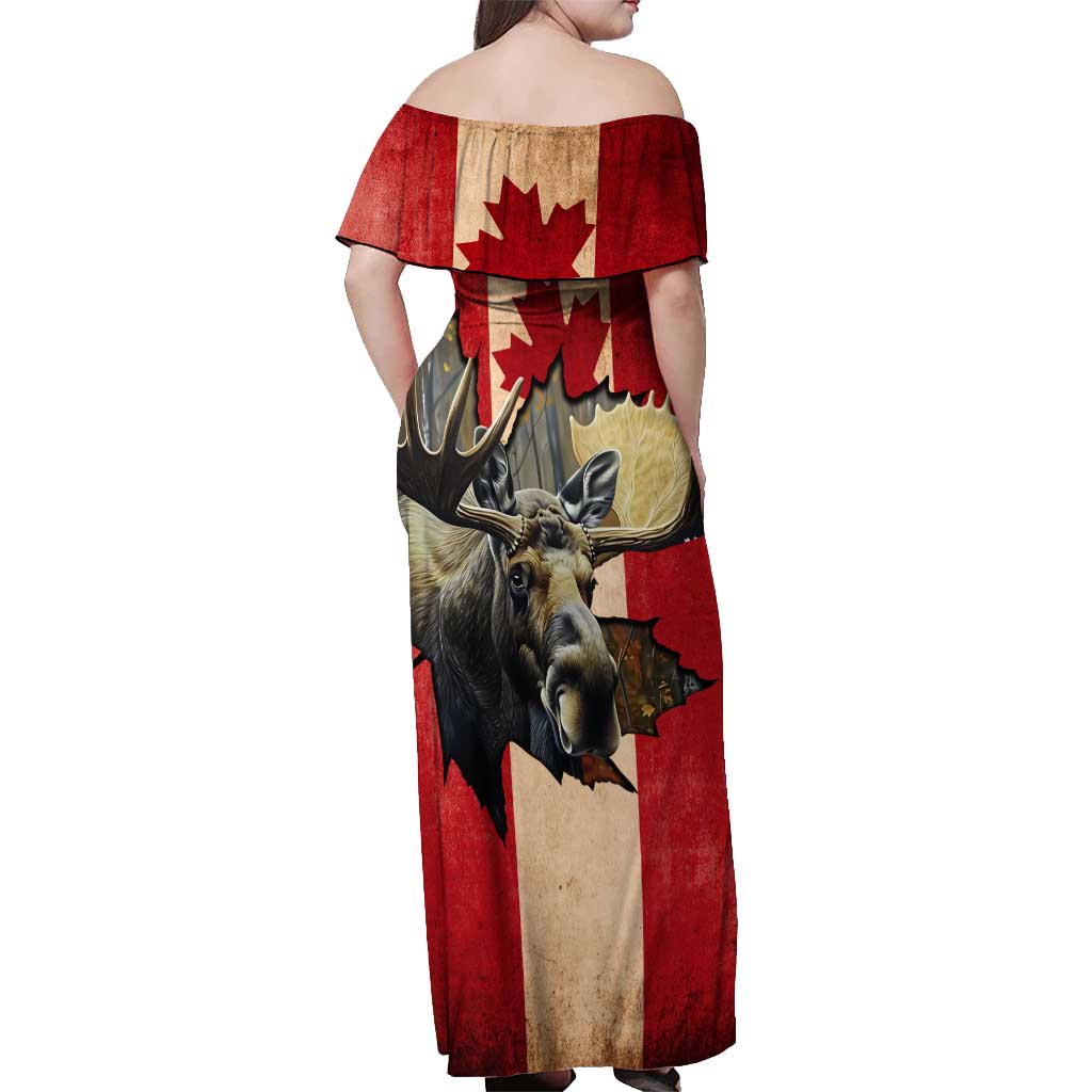 Personalized Canada Moose Off Shoulder Maxi Dress Canadian Flag Maple Leaf Vintage