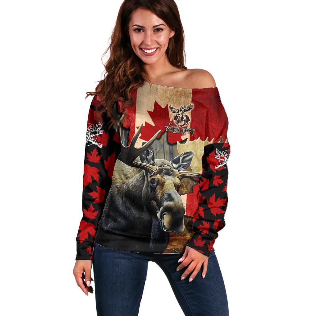 Personalized Canada Moose Off Shoulder Sweater Canadian Flag Maple Leaf Vintage