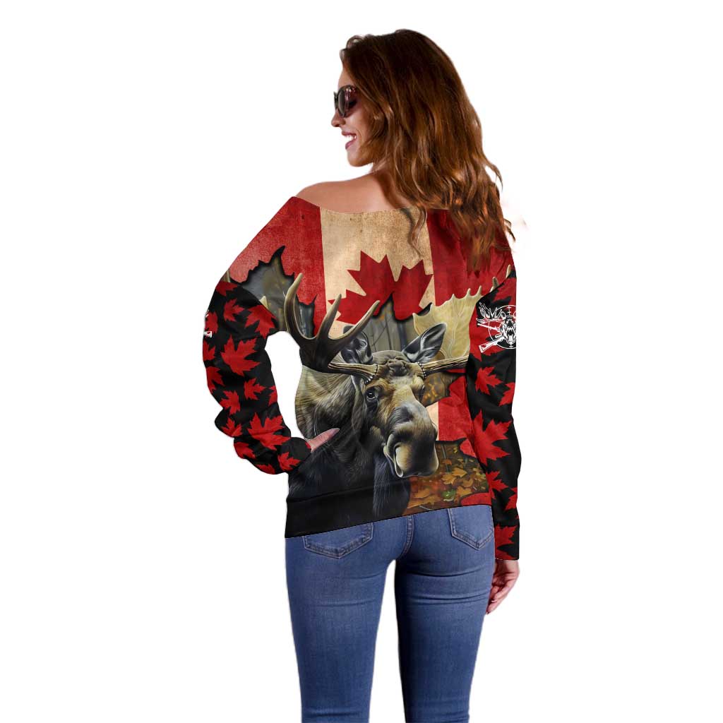 Personalized Canada Moose Off Shoulder Sweater Canadian Flag Maple Leaf Vintage