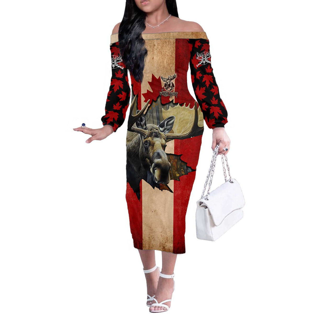 Personalized Canada Moose Off The Shoulder Long Sleeve Dress Canadian Flag Maple Leaf Vintage