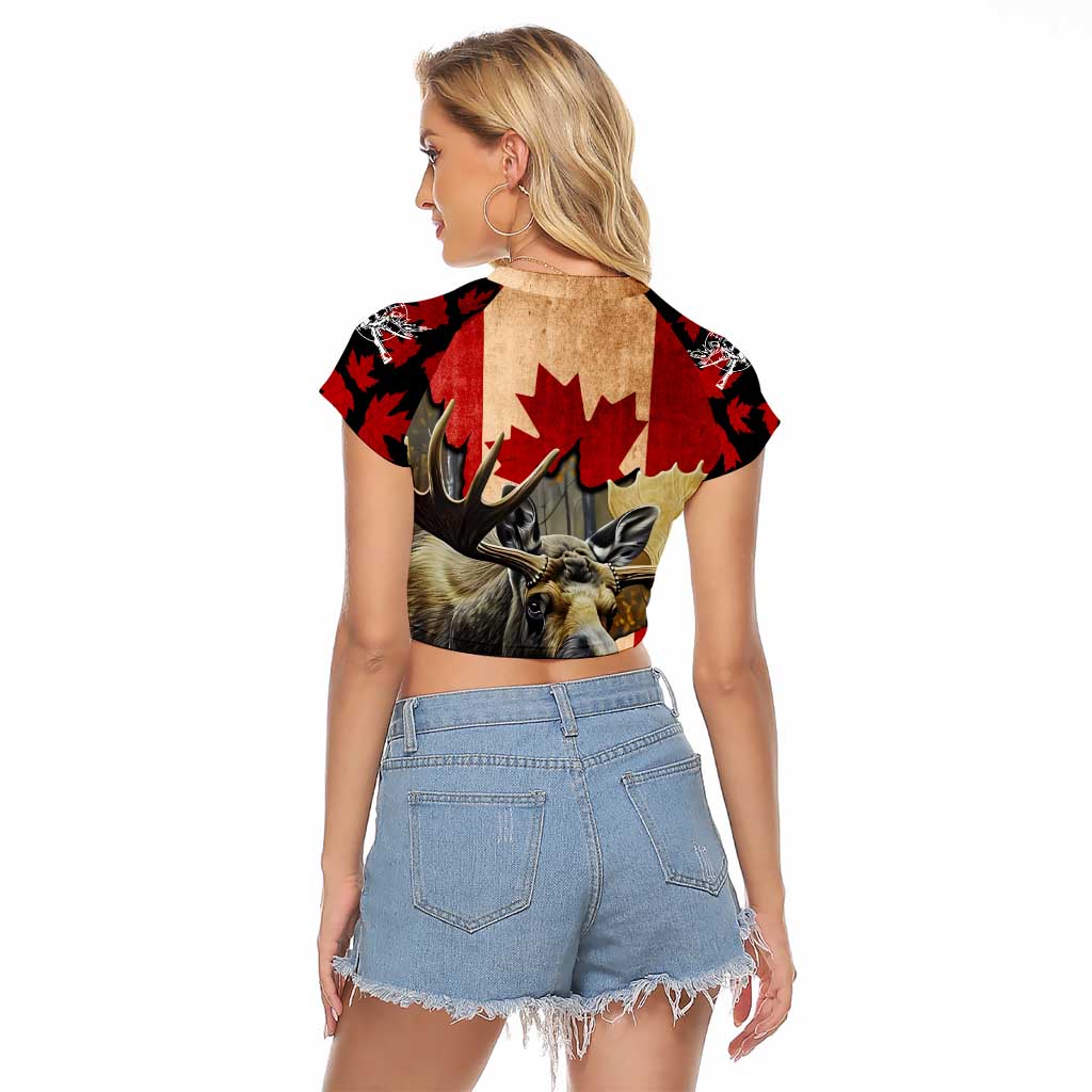 Personalized Canada Moose Raglan Cropped T Shirt Canadian Flag Maple Leaf Vintage