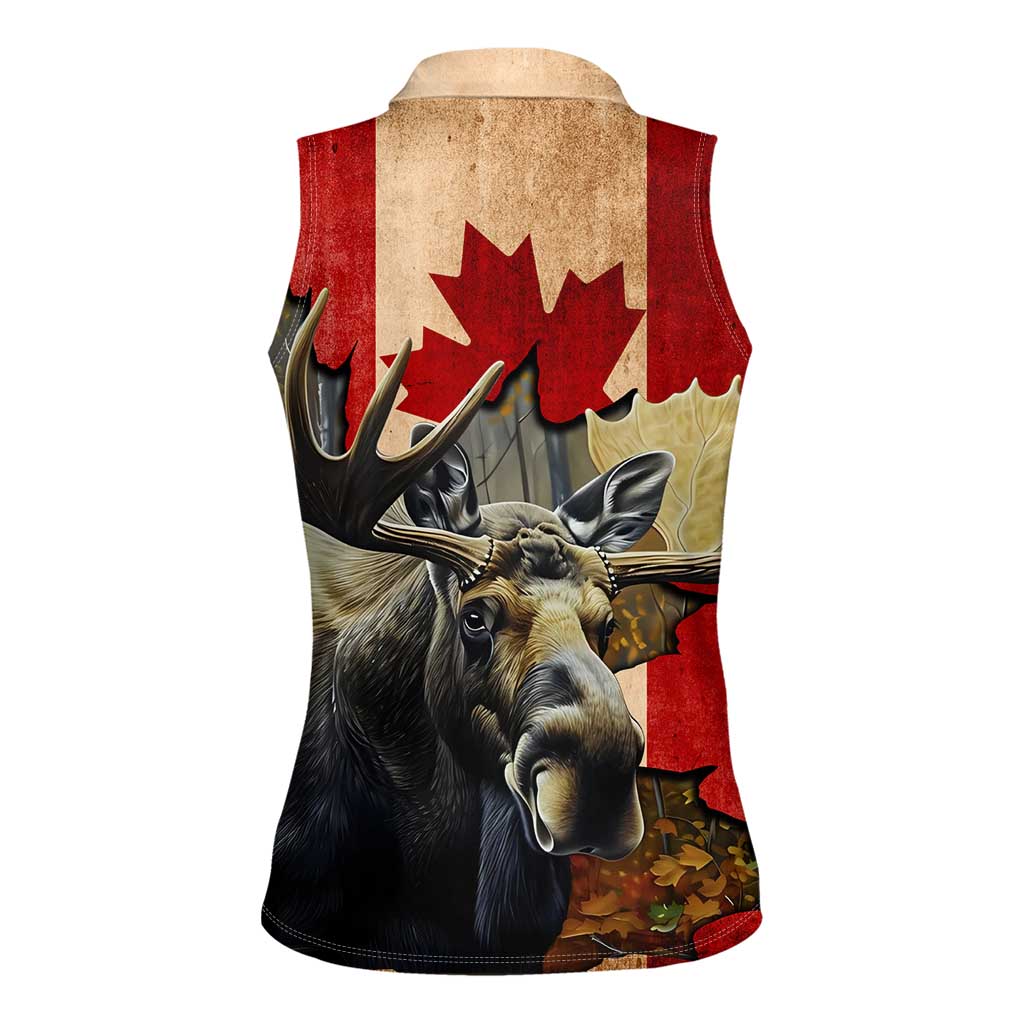 Personalized Canada Moose Women Sleeveless Polo Shirt Canadian Flag Maple Leaf Vintage
