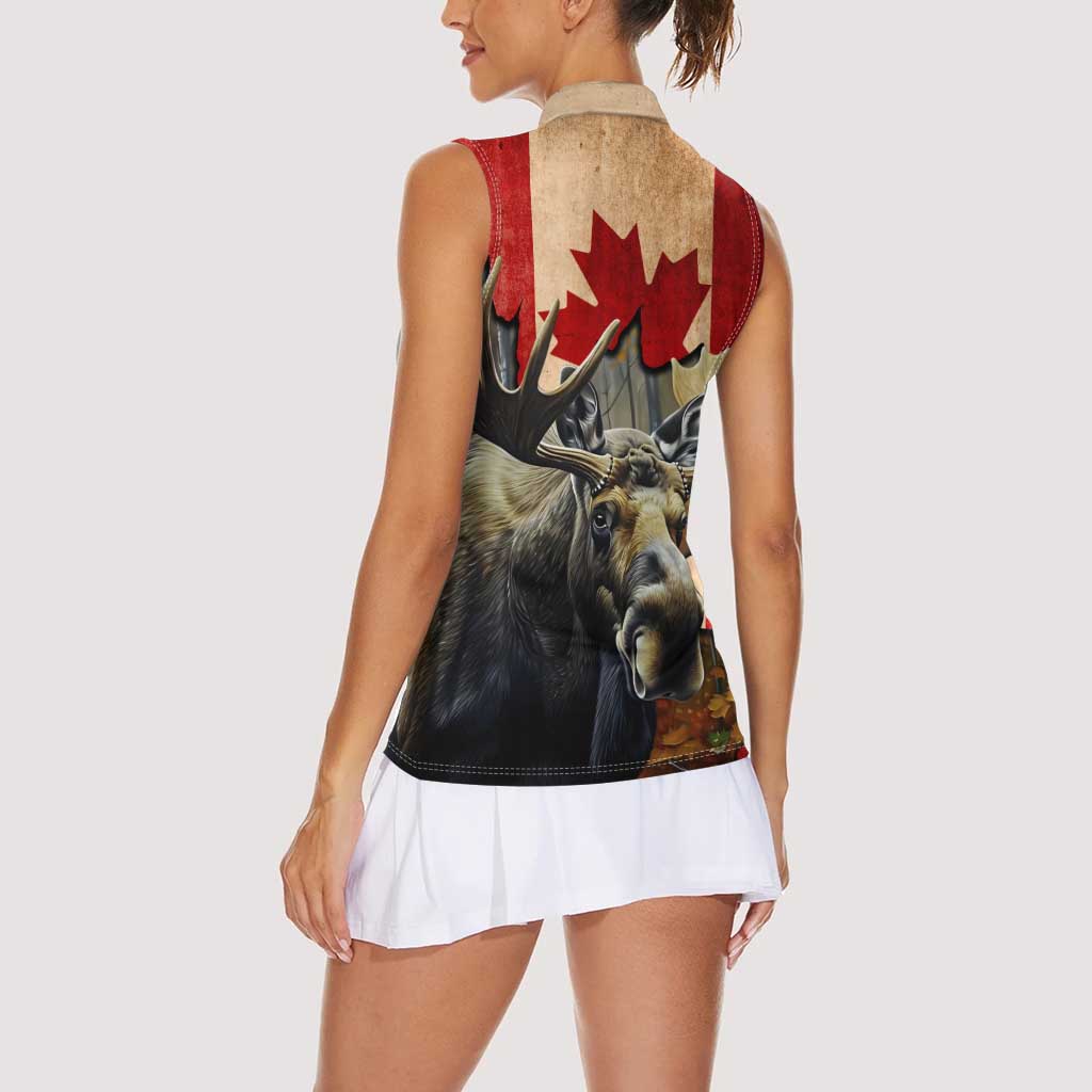 Personalized Canada Moose Women Sleeveless Polo Shirt Canadian Flag Maple Leaf Vintage