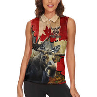 Personalized Canada Moose Women Sleeveless Polo Shirt Canadian Flag Maple Leaf Vintage