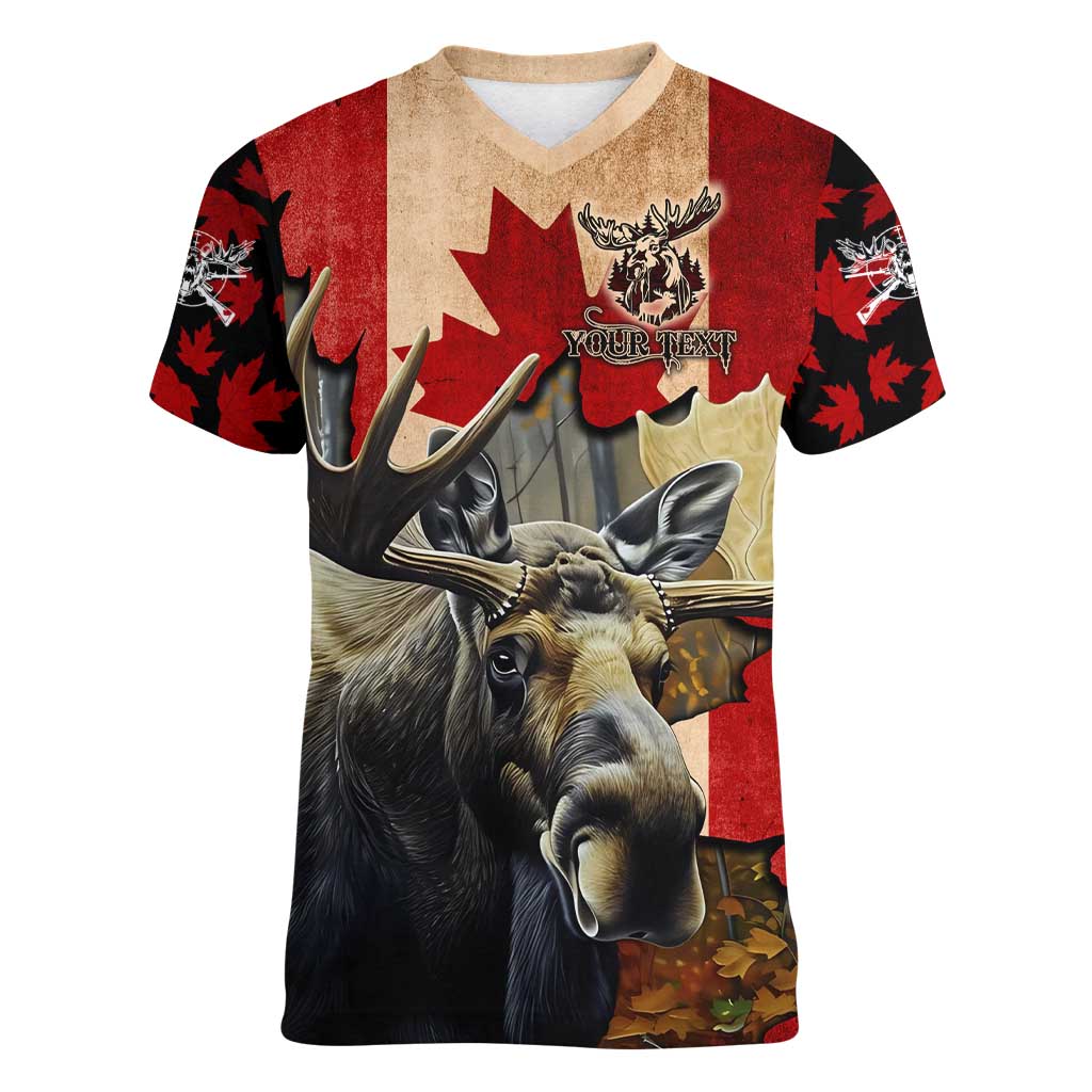 Personalized Canada Moose Women V-Neck T-Shirt Canadian Flag Maple Leaf Vintage