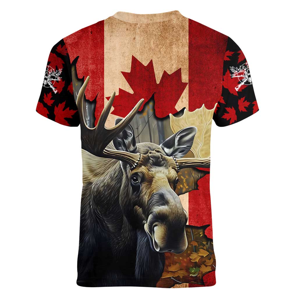 Personalized Canada Moose Women V-Neck T-Shirt Canadian Flag Maple Leaf Vintage