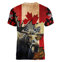Personalized Canada Moose Women V-Neck T-Shirt Canadian Flag Maple Leaf Vintage