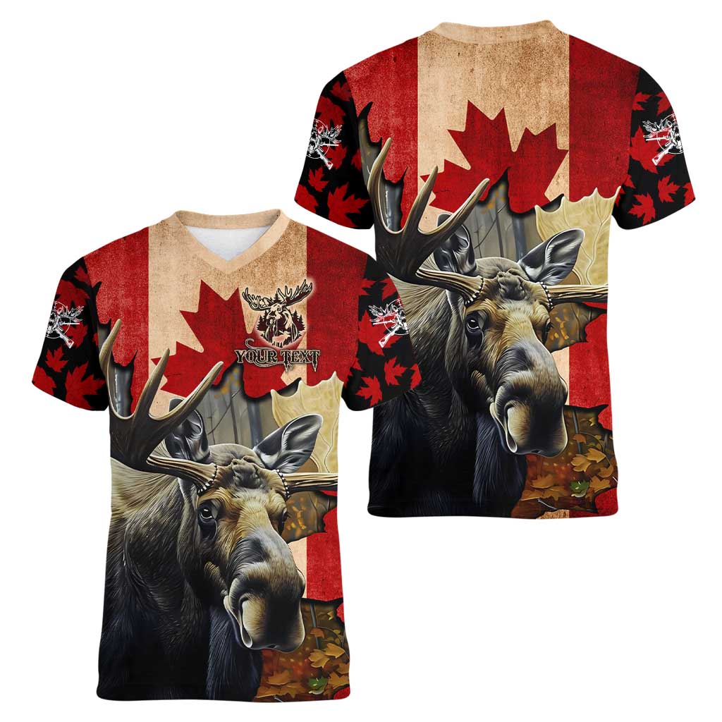 Personalized Canada Moose Women V-Neck T-Shirt Canadian Flag Maple Leaf Vintage