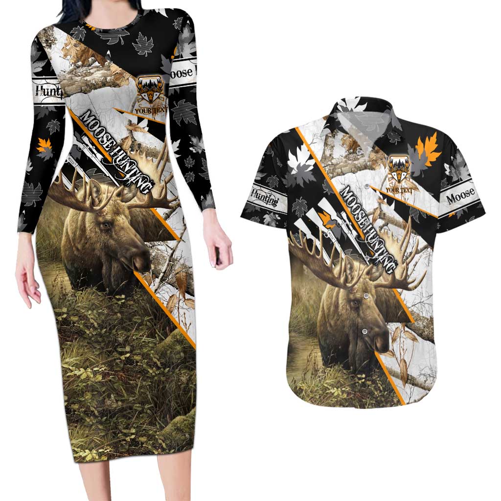 Personalized Moose Hunting Couples Matching Long Sleeve Bodycon Dress and Hawaiian Shirt Autumn Wilderness Adventure Camo