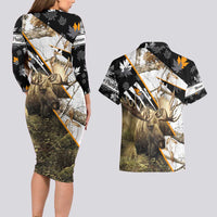 Personalized Moose Hunting Couples Matching Long Sleeve Bodycon Dress and Hawaiian Shirt Autumn Wilderness Adventure Camo