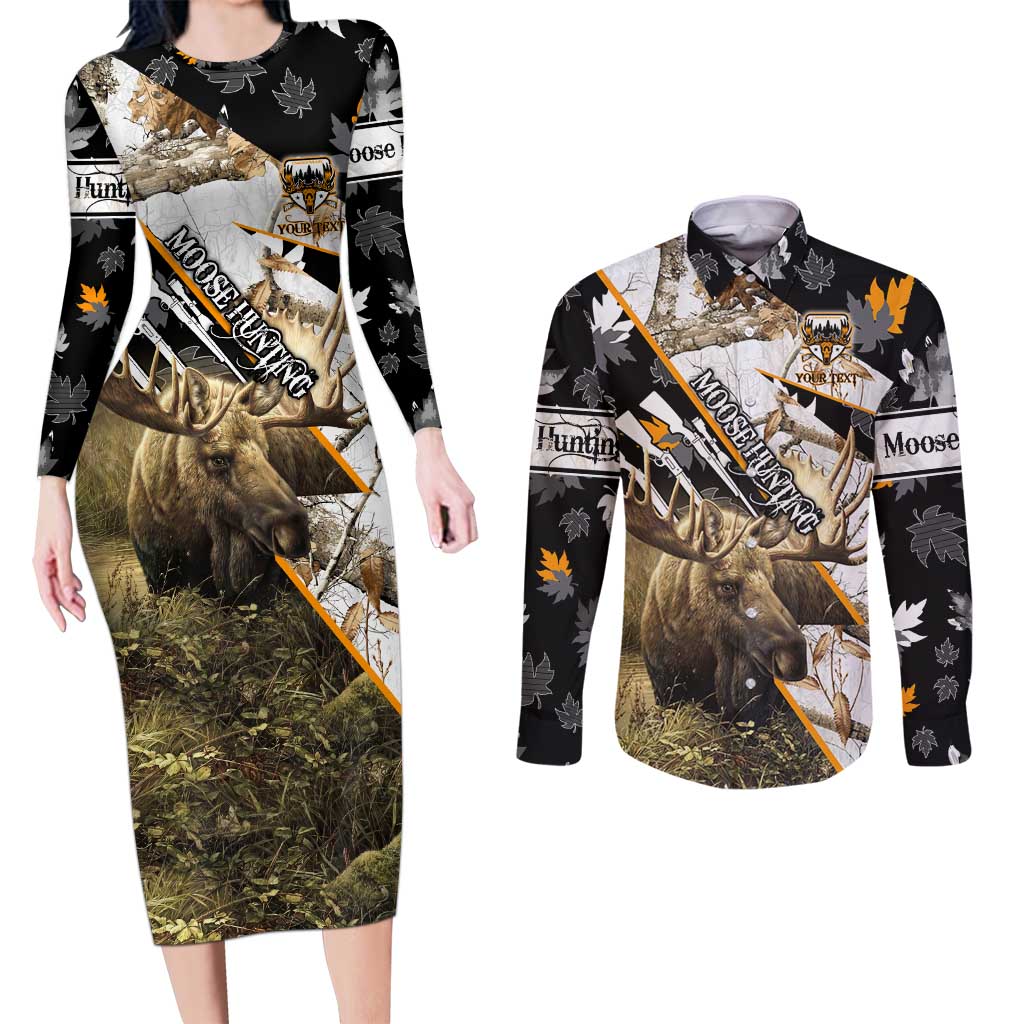 Personalized Moose Hunting Couples Matching Long Sleeve Bodycon Dress and Long Sleeve Button Shirt Autumn Wilderness Adventure Camo