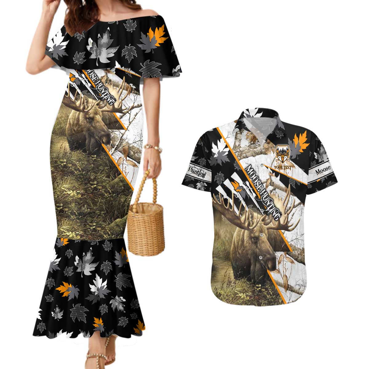 Personalized Moose Hunting Couples Matching Mermaid Dress and Hawaiian Shirt Autumn Wilderness Adventure Camo