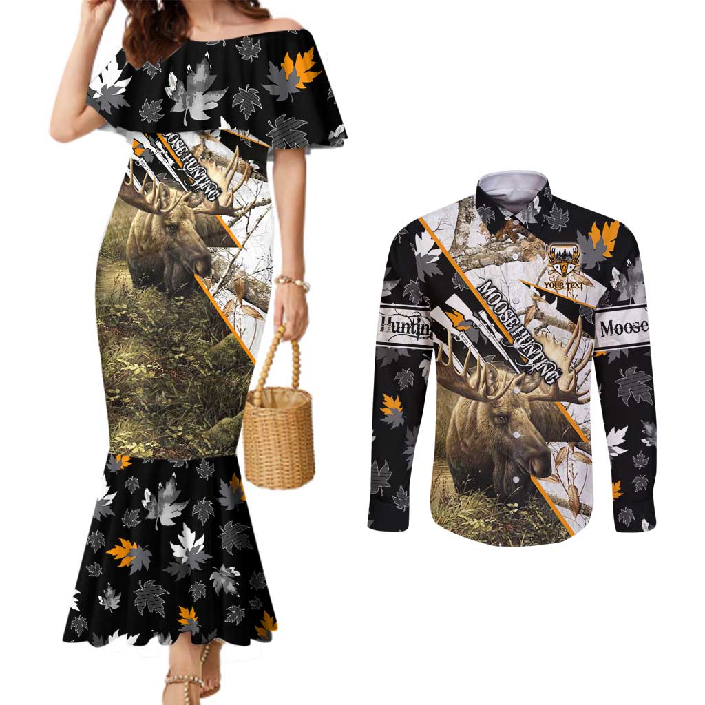 Personalized Moose Hunting Couples Matching Mermaid Dress and Long Sleeve Button Shirt Autumn Wilderness Adventure Camo