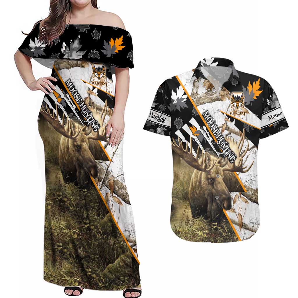 Personalized Moose Hunting Couples Matching Off Shoulder Maxi Dress and Hawaiian Shirt Autumn Wilderness Adventure Camo