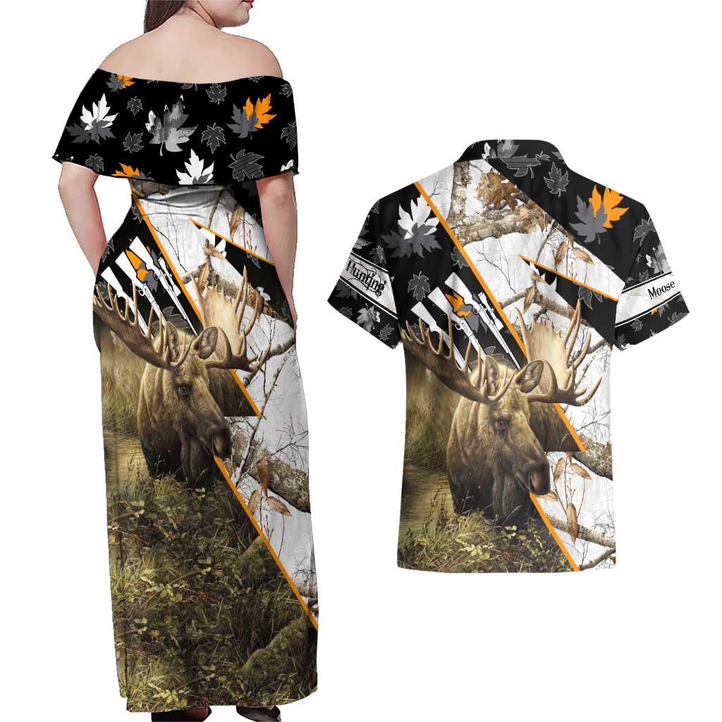 Personalized Moose Hunting Couples Matching Off Shoulder Maxi Dress and Hawaiian Shirt Autumn Wilderness Adventure Camo